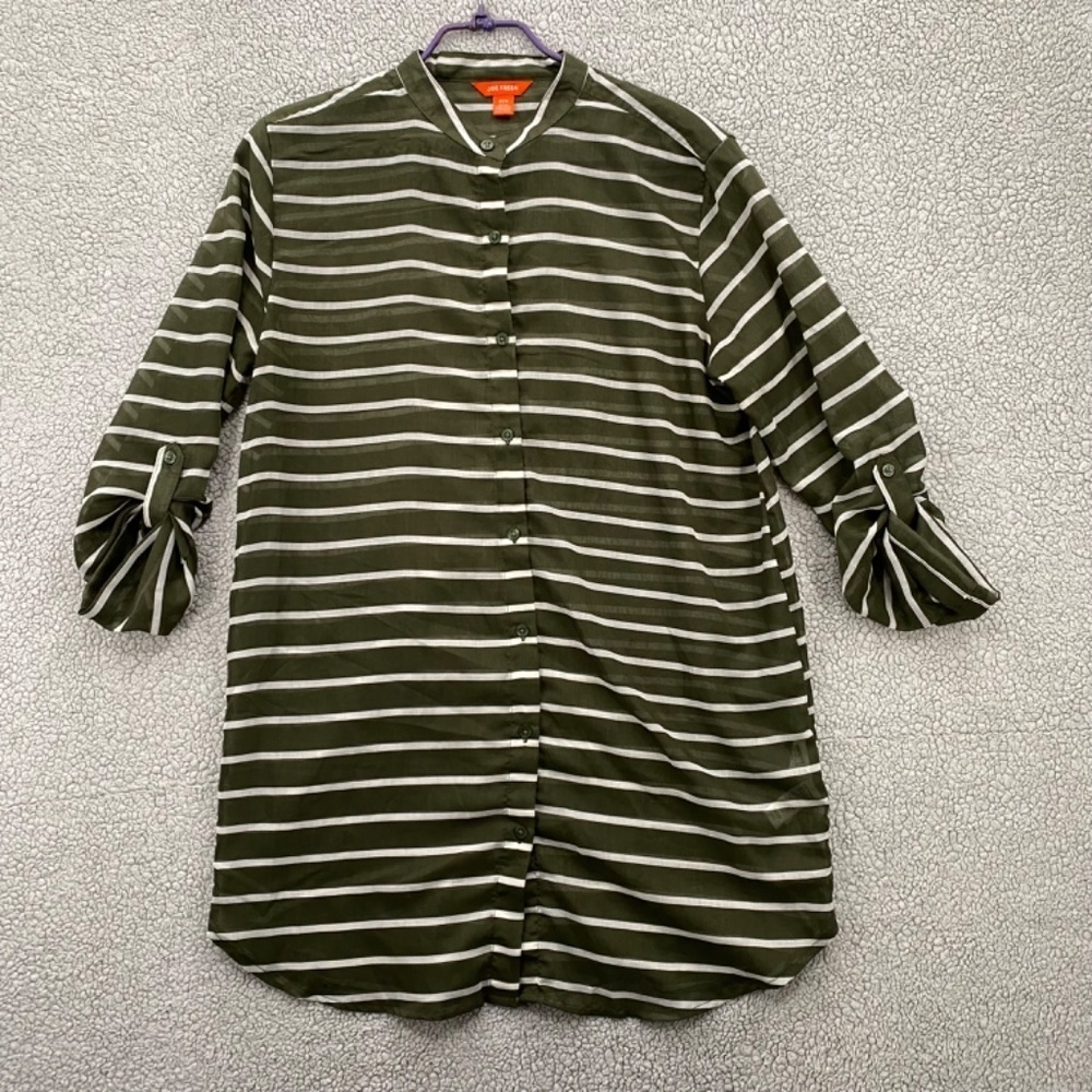 Joe Fresh Blouse Womens Medium Green Striped Long Light Weight Full Button